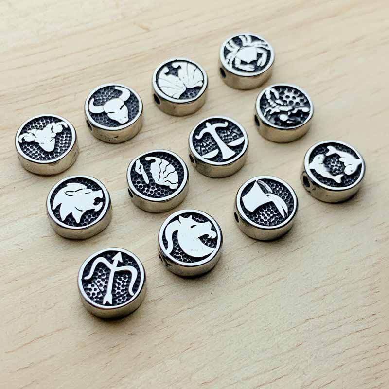 fiasrel 1bundle Double-Sided 12 Zodiac Stainless Steel Spacer Beads - DIY Jewelry Making Supplies for Bracelets & Necklaces