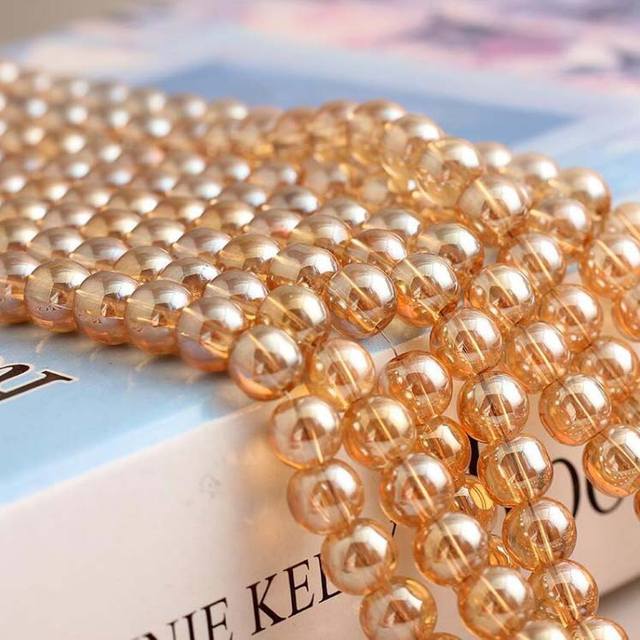 fiasrel 1bundle 4-12mm Electroplated Champagne Gold Beads, Crystal Bead Curtain Loose Beads, DIY Jewelry Stringing Accessories, Glass Beads, Color Round Beads