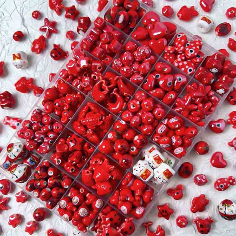 fiasrel 1bundle Vermillion Luck Chinese-Style Red Ceramic Beads Set for DIY Bracelets Cat, Fish, Turtle & Star Charms - Blue-and-White Porcelain Inspired