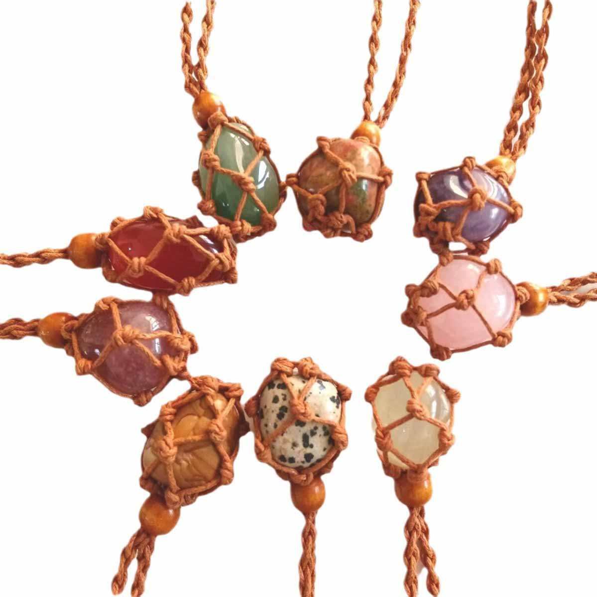 fiasrel Natural Raw Crystal Pendant Necklace – Hand-Woven Adjustable Net Cord with Polished Chunky Stone Chips