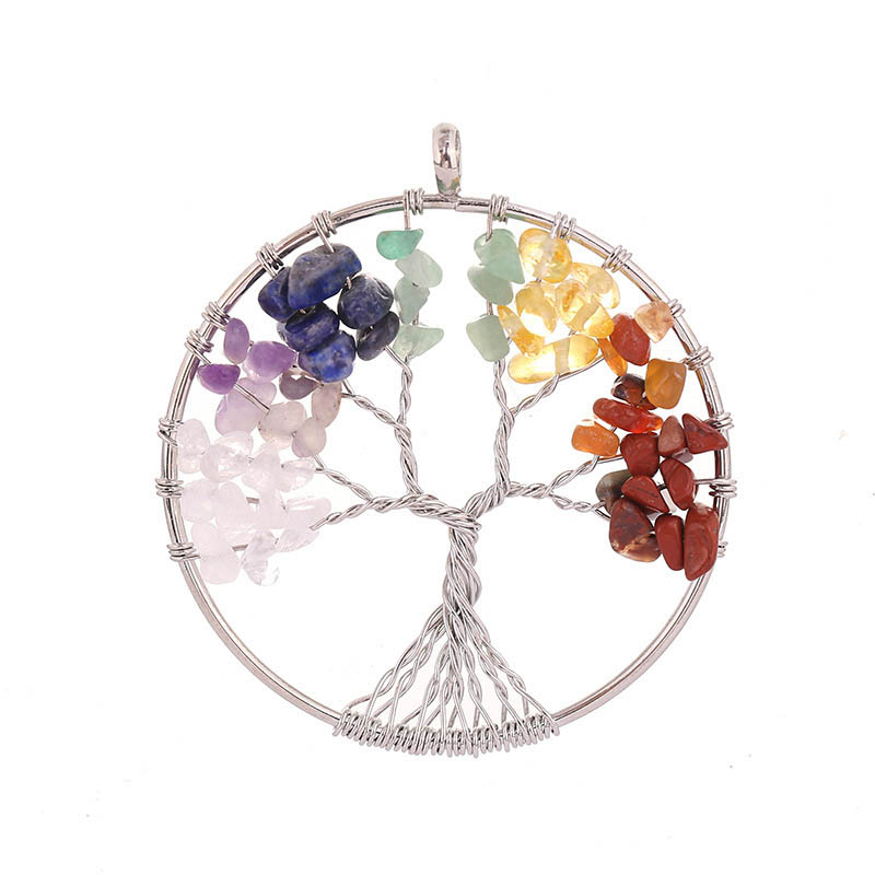 fiasrel Natural Stone Crystal Tree of Life Pendant - Colorful Wire Wrapped Money Tree Necklace DIY Jewelry Pendant Accessory