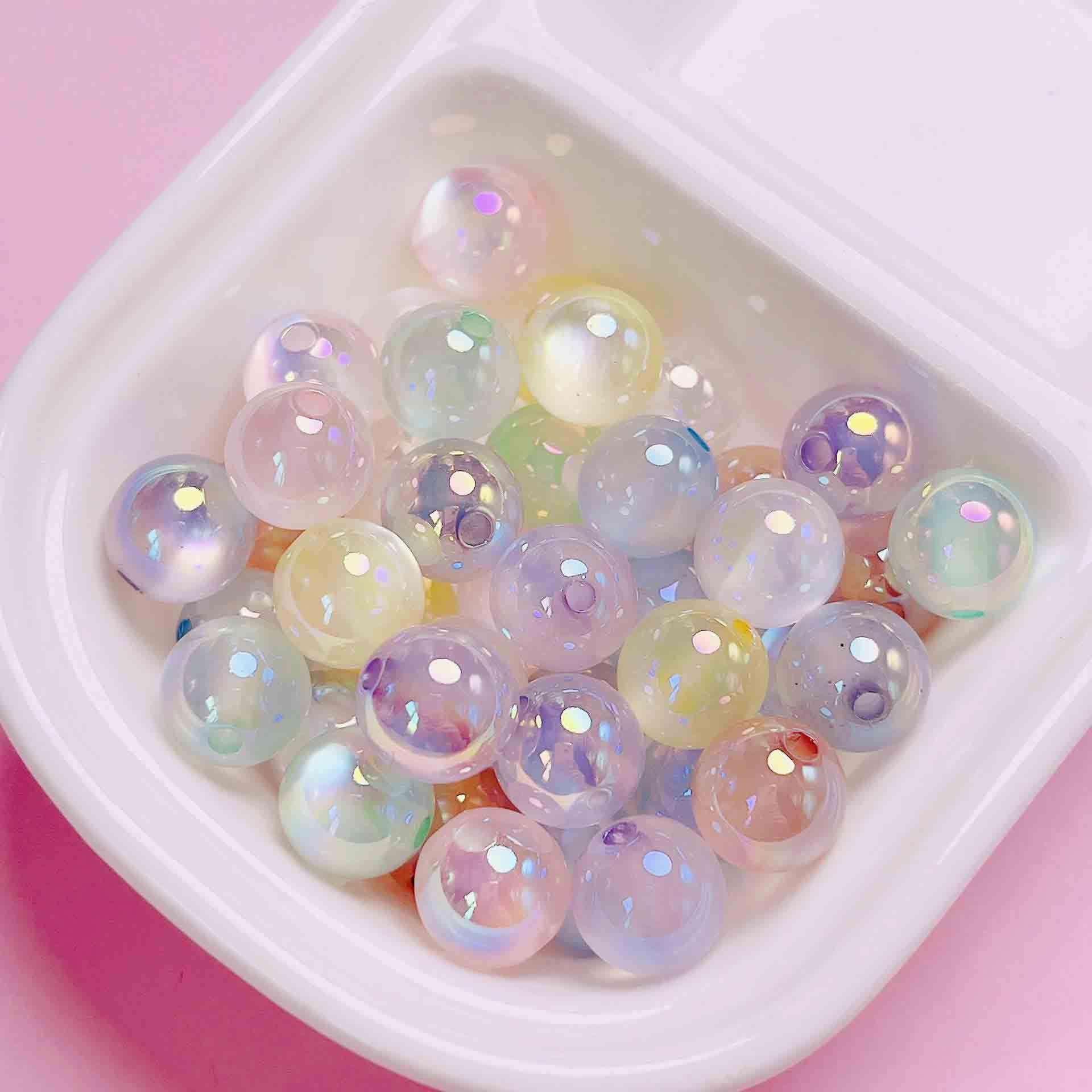 fiasrel 1bundle UV-coated Iridescent Jelly Cat's Eye Straight-hole Acrylic Round Beads for DIY Phone Straps Keychains & Accessories