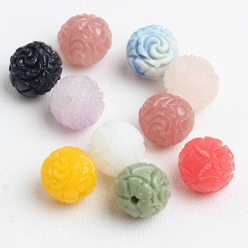 fiasrel 1bundle 10mm Synthetic Stone Powder Double-Sided Rose Carved Round Bead