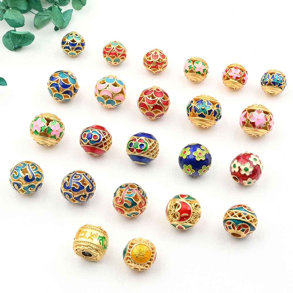 Ancient Gold-Enamel Cloisonné Beads – Hand-Painted Drip-Glaze Round & Barrel Spacer Beads with Through-Hole for DIY Necklaces/Bracelets