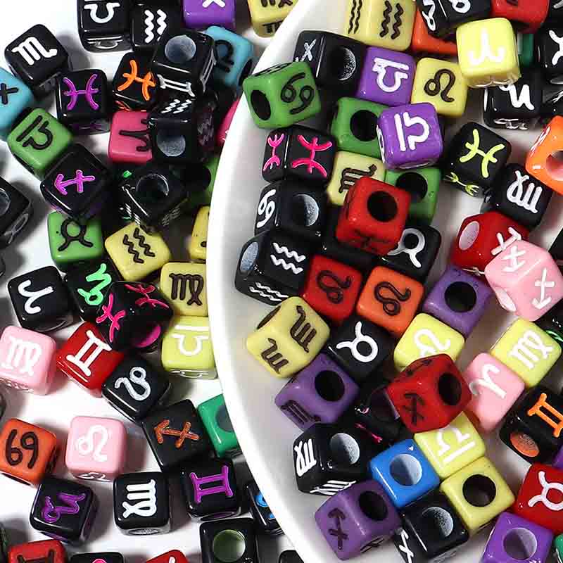 fiasrel 1bundle Acrylic Zodiac Square Beads – 7mm Large-Hole Letter Beads for DIY Jewelry Making