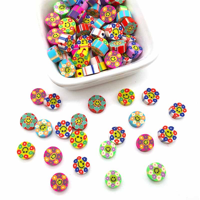 Fiasrel 100pcs Mixed-color smiley face soft clay spacer beads
