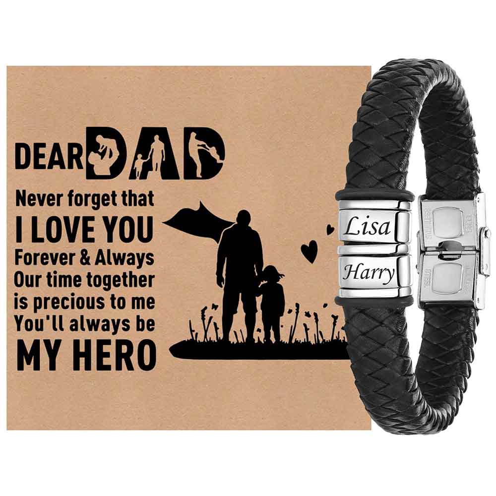 Fiasrel Custom Jewelry Personalized Mens Braided Leather Bracelet Adjustable Custom Beads with Family Names