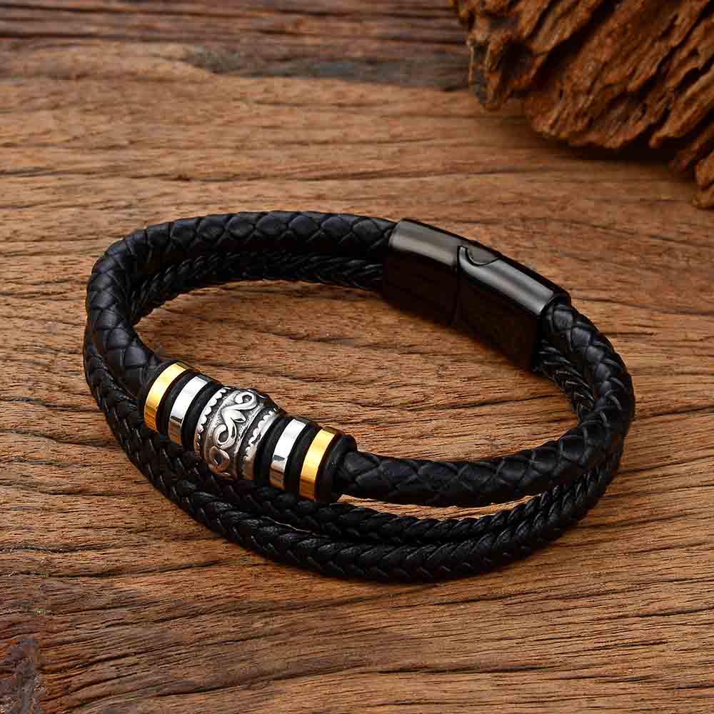 Fiasrel Men's Fashion Stainless Steel Multi-layer DIY Leather Bracelet Braided Rope Leather Titanium Steel Bracelet