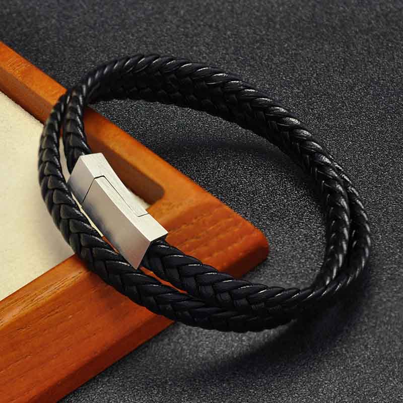 Fiasrel Vintage Double Layer Synthetic Woven Black Leather Magnetic Stainless Steel Wrap Bangle Bracelet for Men