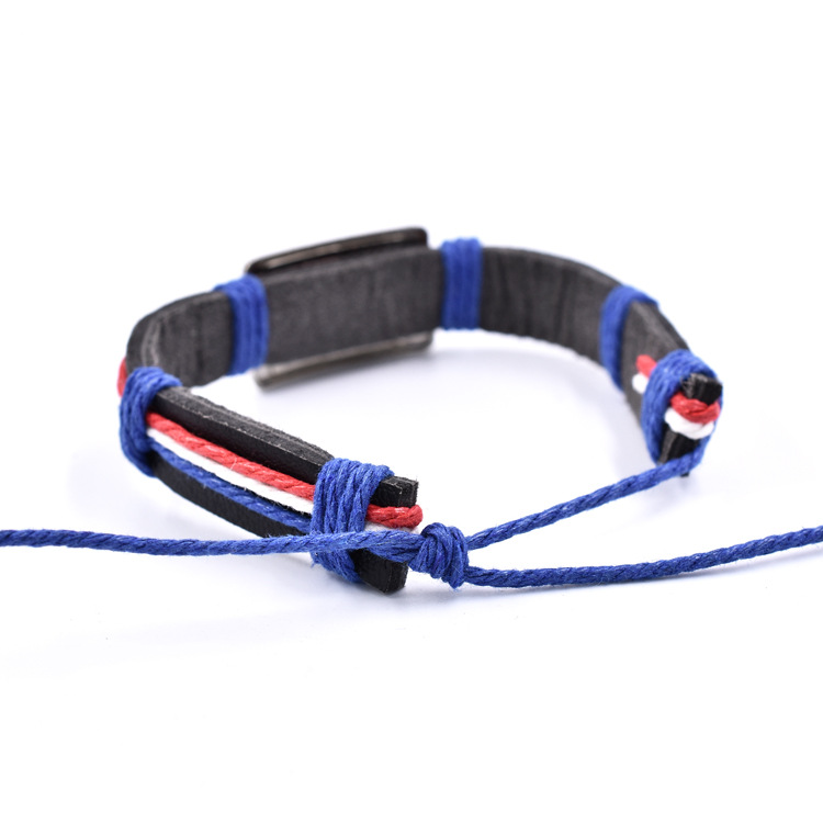 Fiasrel Adjustable American Flag Cowhide Woven Bracelet Red White And Blue Flag Wax Leather Bracelet