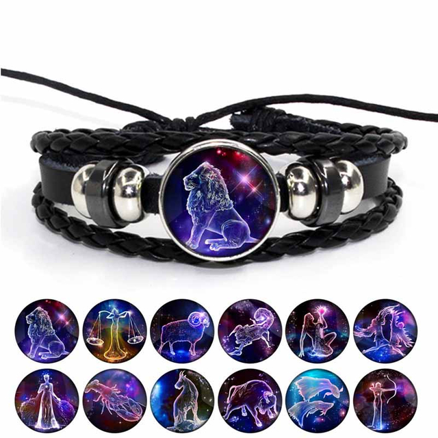 Fiasrel 12 Zodiac Signs Glow In Dark Charm Bracelet Men's and Women's Fashion Multi-layer Luminous Woven Leather Couple Bracelets