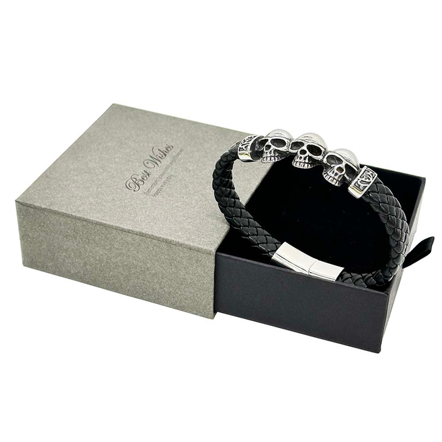 Fiasrel Genuine Leather Braided Cuff Bracelet Stainless Steel Skull Clasp Men Bracelet Jewelry
