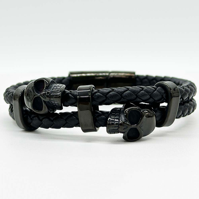 Fiasrel Stainless Steel Skull Beads Real Genuine Leather Bracelet Charm Skeleton Men Punk Bangle Jewelry