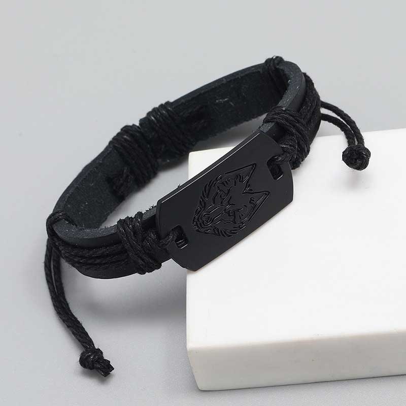 Fiasrel Black Wolf Woven Leather Bracelet Punk Style Jewelry Men Bracelets