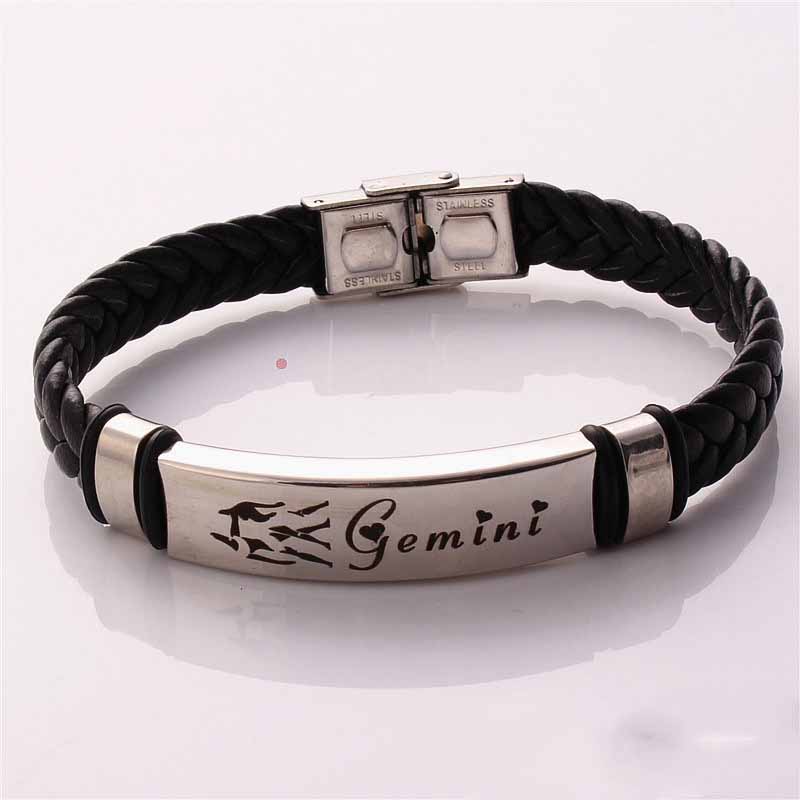Fiasrel Twelve Constellations Bracelet Adjustable Size Leather Woven Rope Stainless Steel Bracelet