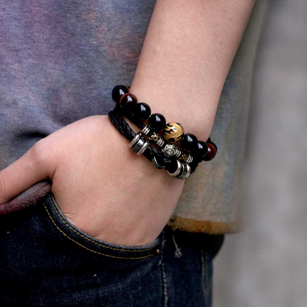 Fiasrel Jewelry Multilayer PU Braided Leather Rope Stainless Steel Beaded Bracelet 12 Zodiac Sign Bracelet