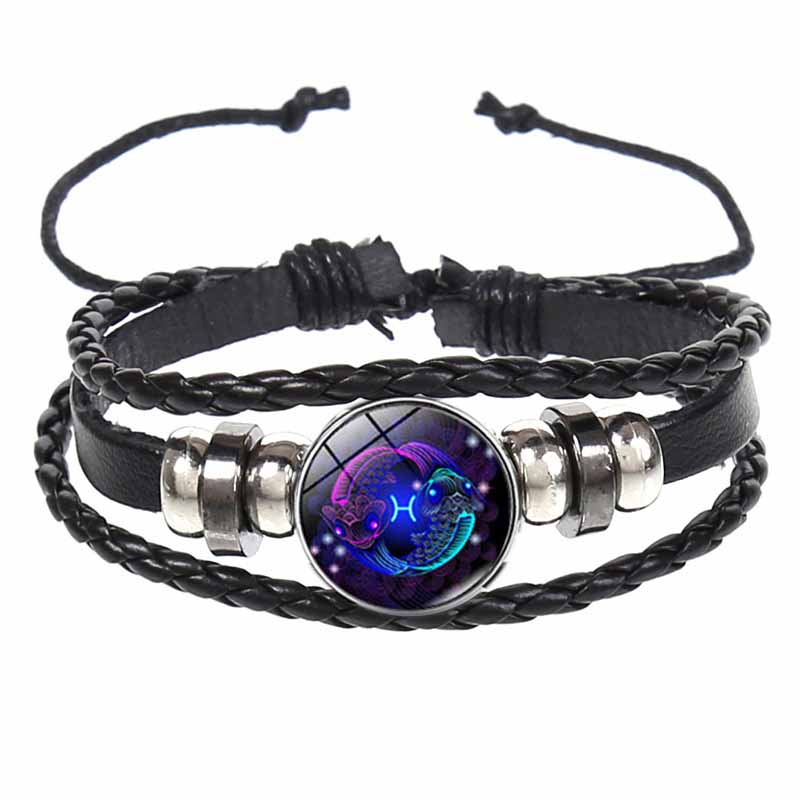 Fiasrel Adjustable Leather Night Light Luminous 12 Constellations Jewelry Zodiac Bracelet
