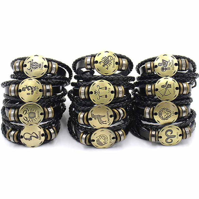 Fiasrel Zodiac Sign Horoscope Men's Leather Bracelet Vintage Retro Charm Wristband Male Jewelry Gifts