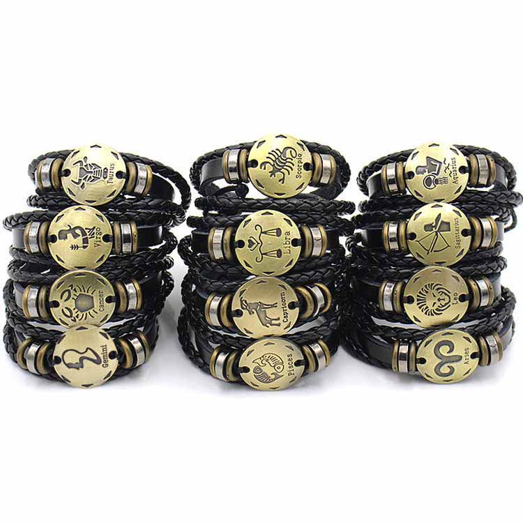Fiasrel Zodiac Sign Horoscope Men's Leather Bracelet Vintage Retro Charm Wristband Male Jewelry Gifts