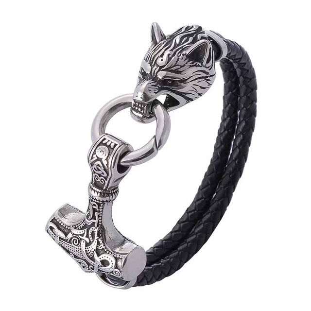 Fiasrel Stainless Steel Wolf Head Bracelet Viking Bracelet Norse Myth Wolf Bracelet