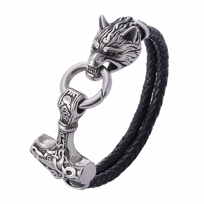 Fiasrel Stainless Steel Wolf Head Bracelet Viking Bracelet Norse Myth Wolf Bracelet
