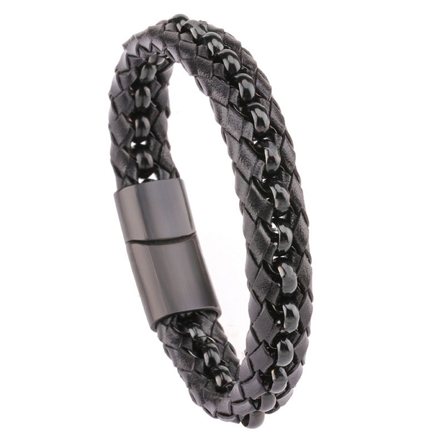 Fiasrel Vintage Charm Fashion Punk Black Braided Leather Bracelet Male Stainless Steel Bangle