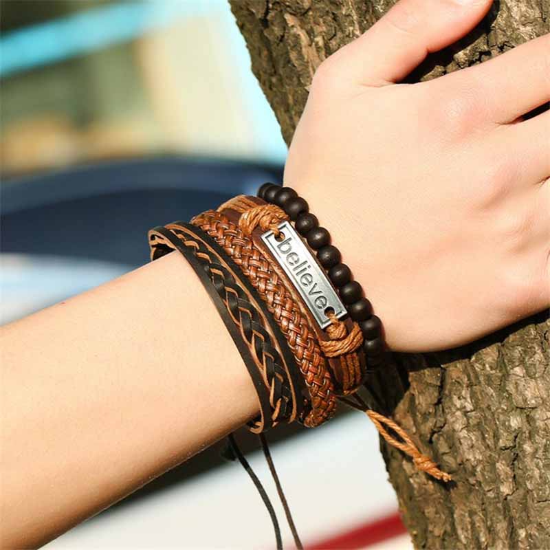 Fiasrel 4pcs/set Multi Layers Stone Beads Believe Braided Leather Bracelet Kit Cowhide Feather Bracelet Set