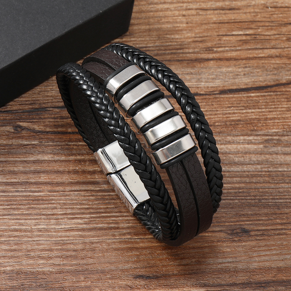 Fiasrel Mens Stainless Steel Bracelet Black Multi Layer Braided Genuine Leather Bracelet