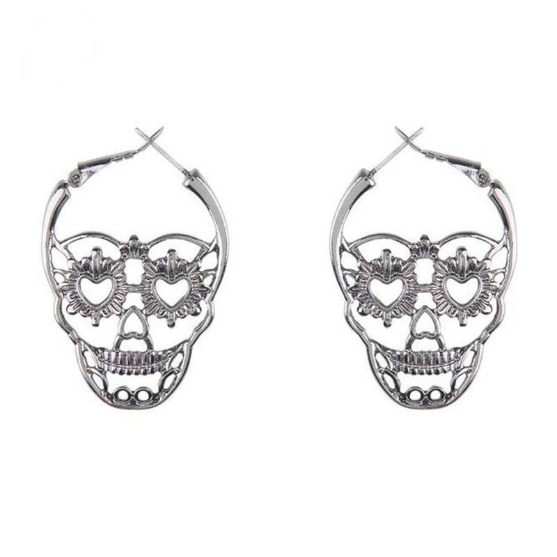 Fiasrel 1pair Spooky Skull Featured Silver Plated Halloween Drop Hoop Earrings for Women Girls