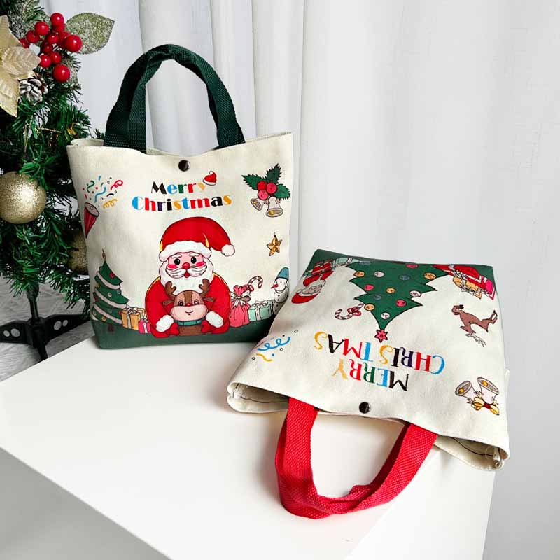 Fiasrel 26*22*8cm Christmas Santa Handheld Canvas Bag Christmas Canvas Tote Bag Grocery Shopping Canvas Tote Bags