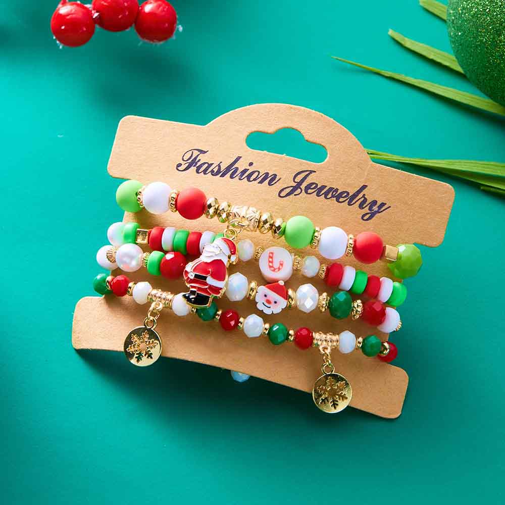 Fiasrel 4pcs/set Christmas Beaded Bracelet Snowman Christmas Tree Old Man Antlers Gift Pendant Bracelets