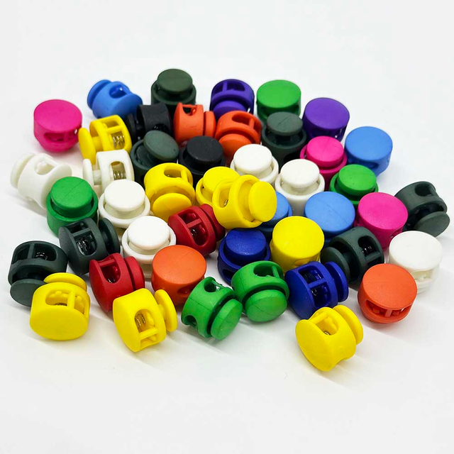 Fiasrel 16mm 10/30/100pcs Round Multicolor Double Hole Spring Toggle Stopper for Shoelaces Bags Drawstrings Paracord