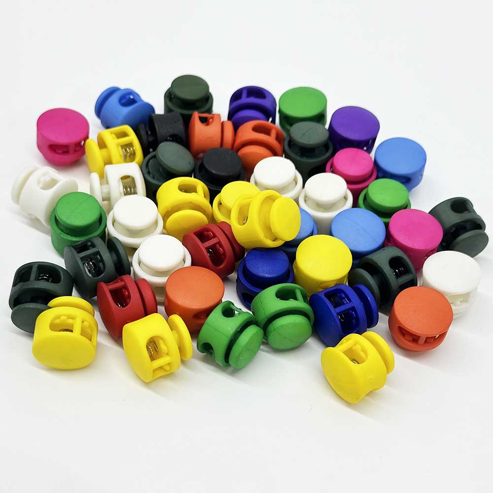 Fiasrel 16mm 10/30/100pcs Round Multicolor Double Hole Spring Toggle Stopper for Shoelaces Bags Drawstrings Paracord
