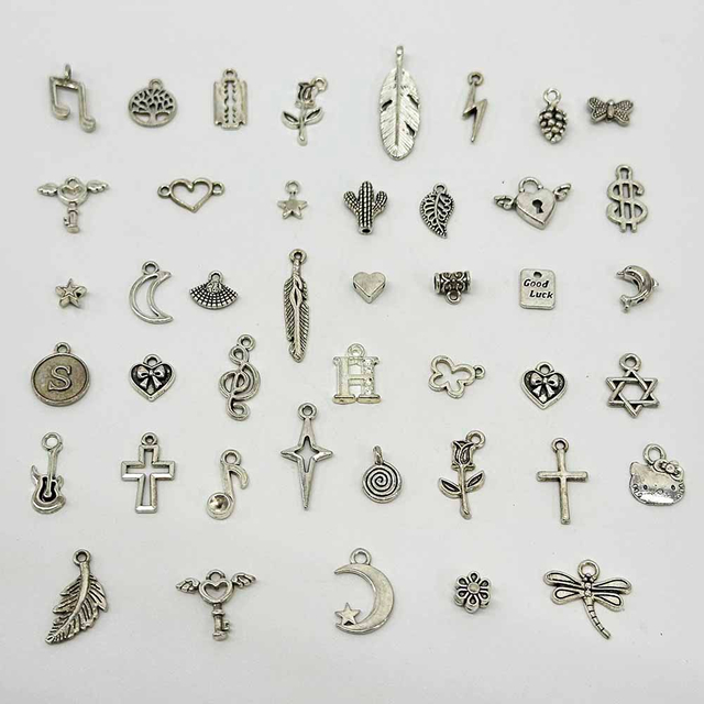 Fiasrel 50pcs 50 Types Vintage Metal Silver Alloy Charms Pendant for DIY Handmade Bracelets Neacklaces Earrings DIY Jewelry Accessories