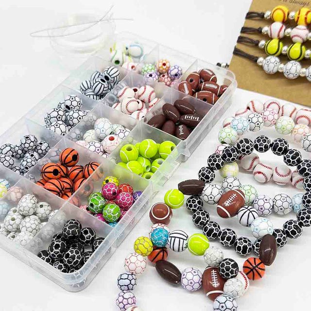 Sporty Acrylic Beads Kit: Acrylic Football Baseball Basketball Soccer Volleyball Softball Beads for DIY Jewelry Crafts Making