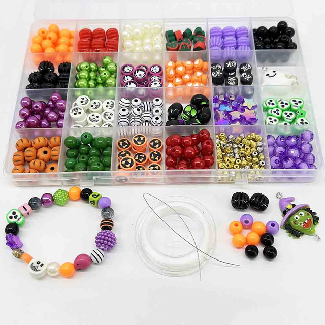 24-Grid Halloween Polymer Clay Resin Beaded Jewelry Kit: Halloween DIY Jewelry Making Kit Supplies with Spacer Beads Charms Accessories