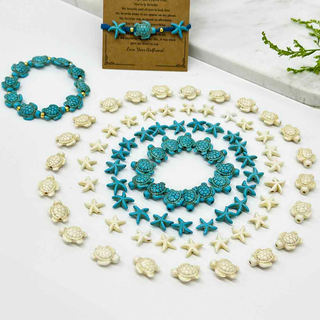 Fiasrel 1 Box 100pcs Artificial Turquoise Turtles Starfish Shape Beads for Making Bracelets Necklaces Earrings Keychains Pendants Accessories