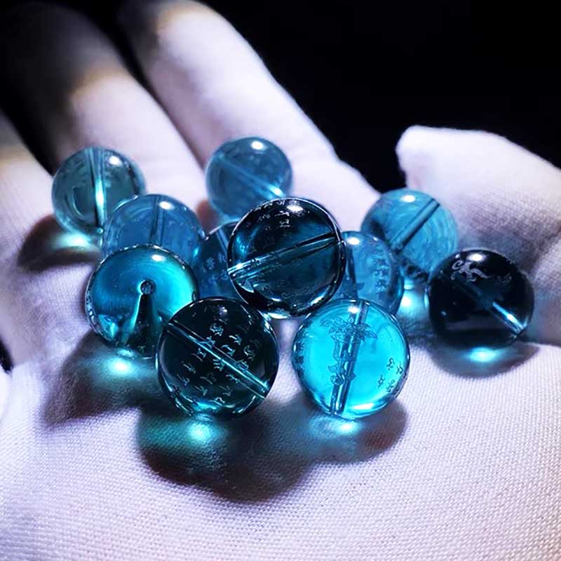 Fiasrel Medicine Buddha Empowerment Mantra Blue Crystal Beads | Deep Ocean Blue Scripture Beads | DIY Loose Mala Components for Healing Prayer Jewelry