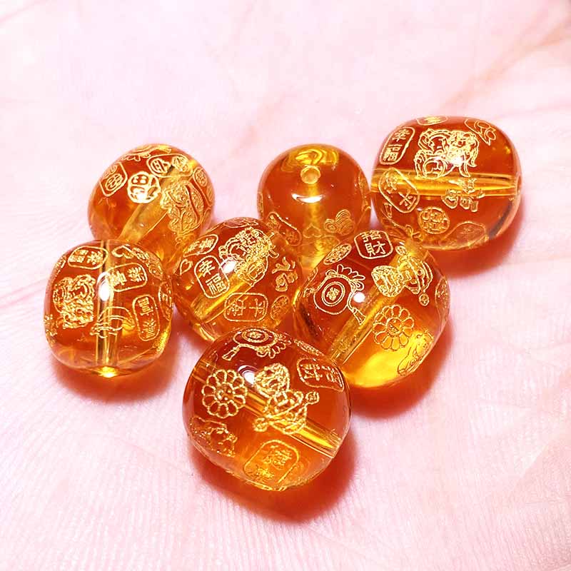 Fiasrel 2025 Blessing Beads - Citrine Barrel Beads with Pixiu Totem & Auspicious Inscriptions Peace & Joy Jewelry Components