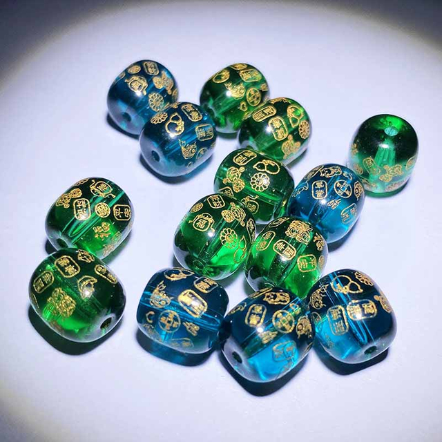 Fiasrel Auspicious Inscription Beads - Green Crystal Barrel Beads & Blue Crystal Date Beads with Engraved Blessings