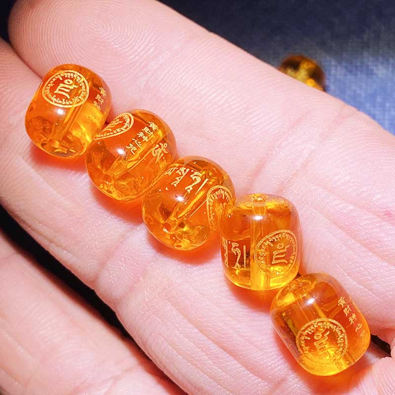 Fiasrel Yellow Jambhala Wealth Beads - Engraved Barrel Beads for DIY Mala Bracelets Loose Buddhist Prosperity Jewelry Components