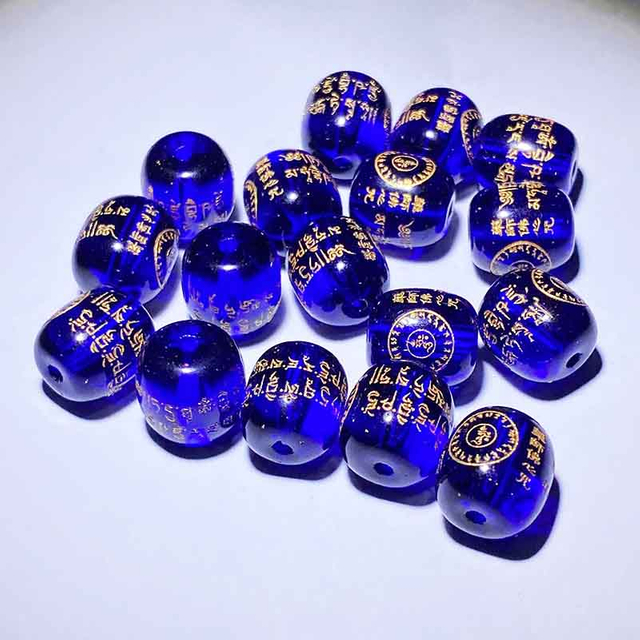 Fiasrel Medicine Buddha Mantra Barrel Beads | Blue Dharani Engraved Beads | DIY Prayer Bracelet Kit with Sacred Script Spacers