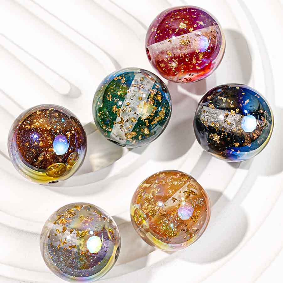 fiasrel 1bundle Gold Foil Round Beads - Loose DIY Beads for Bracelet, Necklace, Phone Charm & Keychain Jewelry