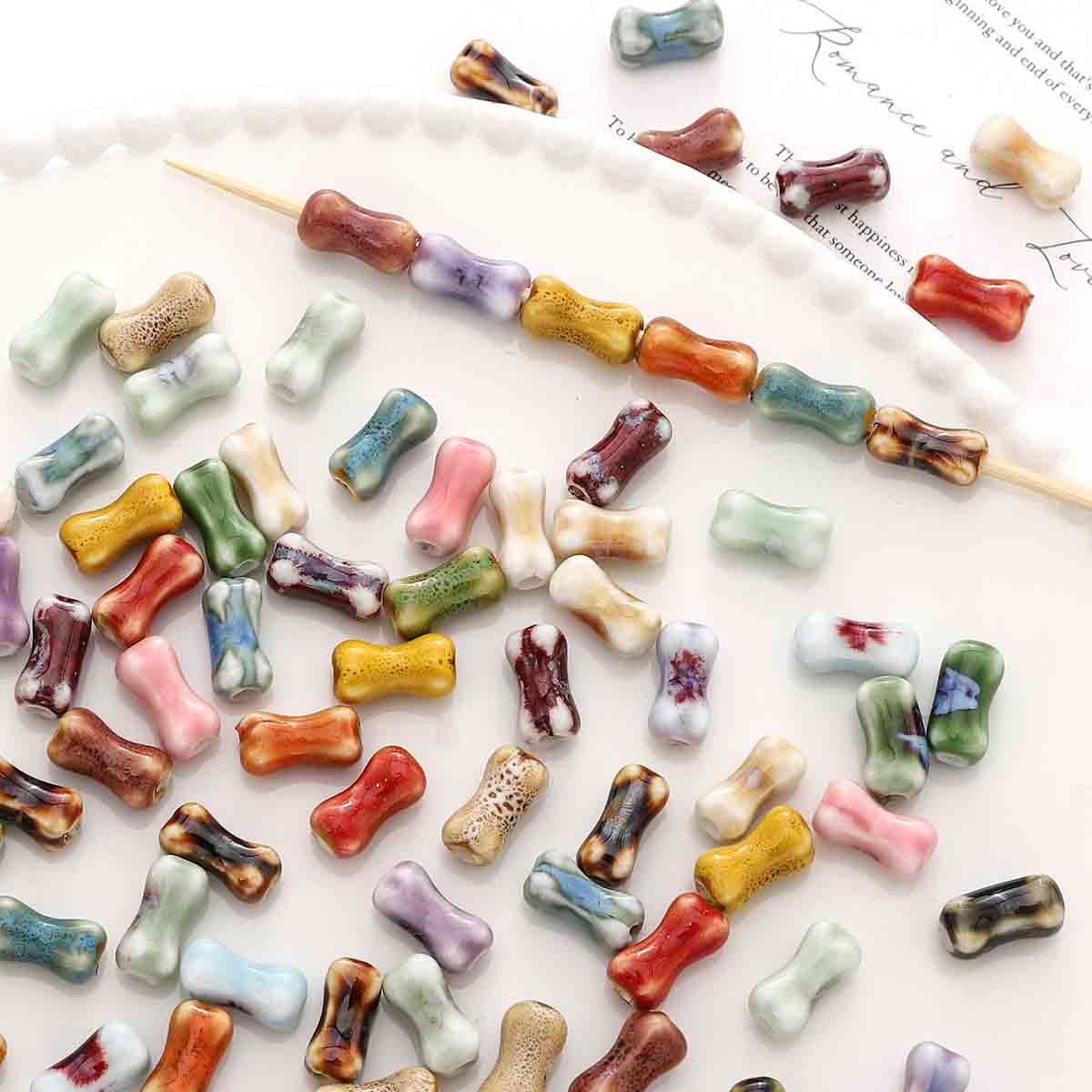 fiasrel 1bundle 6×12mm Hand-Painted Ceramic Bone Beads - DIY Jewelry Making Supplies for Bracelets & Necklaces