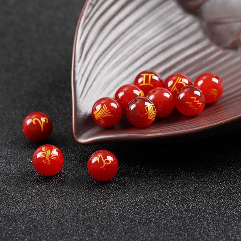 fiasrel 1bundle Gold-Foiled Engraved Zodiac Beads – Loose Gemstone Beads Red Agate for DIY Jewelry Making