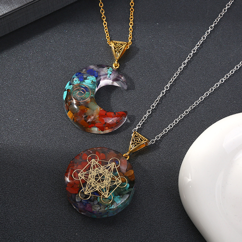 fiasrel Cross-Border Bestselling Natural Rainbow Crystal Chip Pendant - Hexagonal Prism Moon Rectangular Bar Wrap Necklace Jewelry
