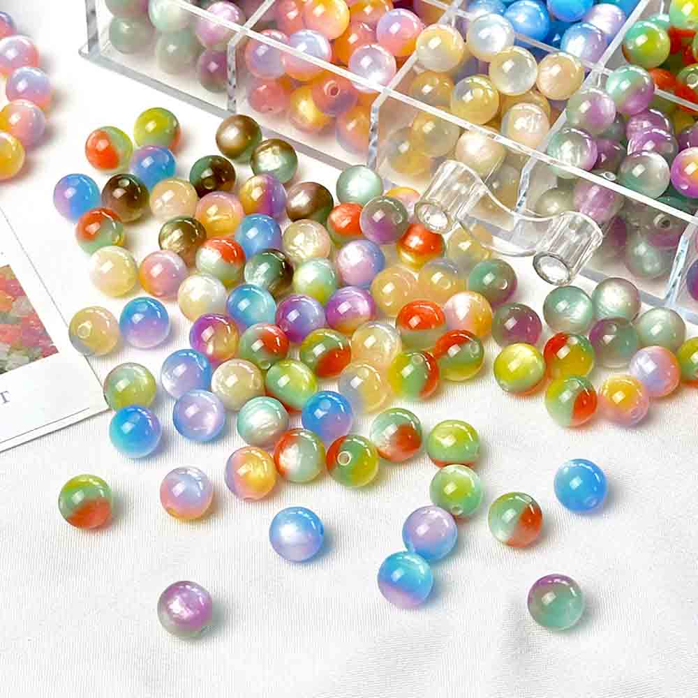 fiasrel 1bundle Iridescent Resin Straight-Hole Glossy Round Beads – DIY Loose Beads for Necklace Bracelet & Phone Charm Crafting