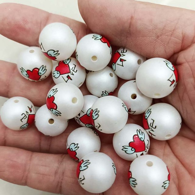 fiasrel 1bundle 16mm Matte Printed LOVE Heart Beads – Stylish Round Beads for DIY Jewelry