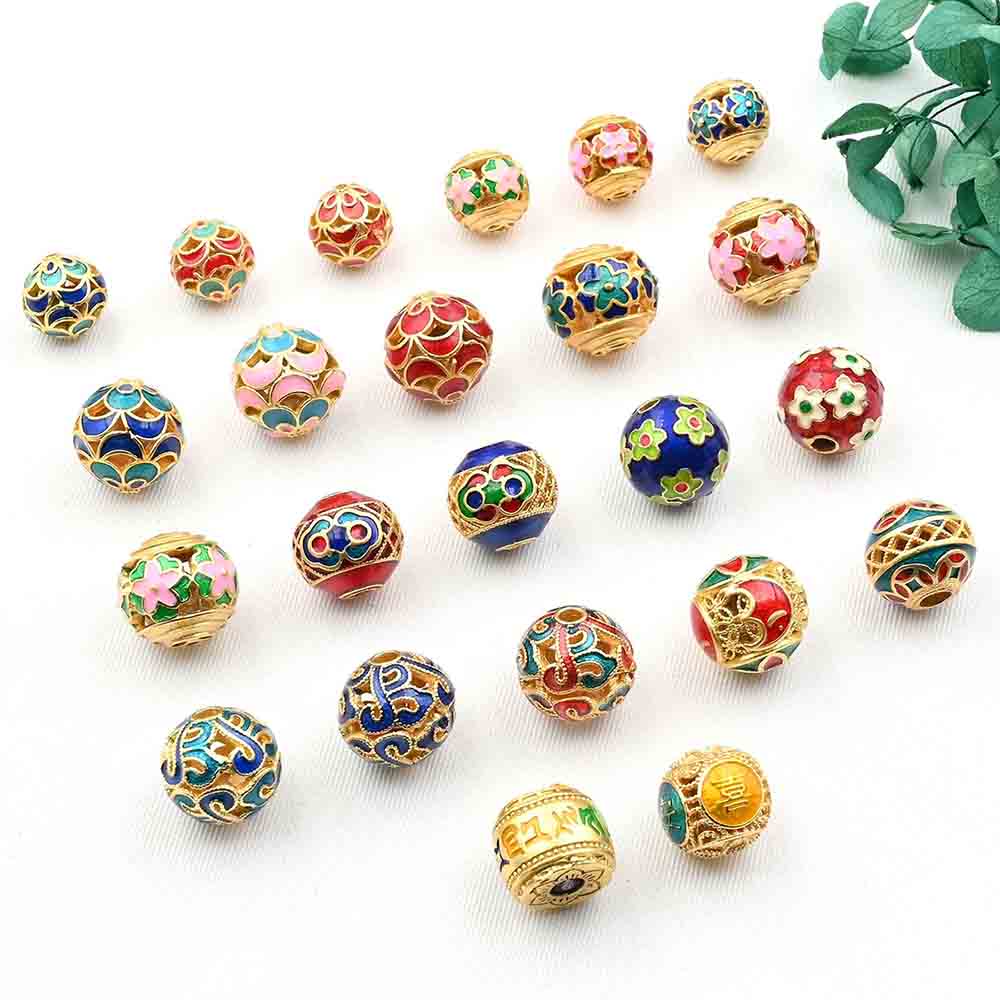 Ancient Gold-Enamel Cloisonné Beads – Hand-Painted Drip-Glaze Round & Barrel Spacer Beads with Through-Hole for DIY Necklaces/Bracelets