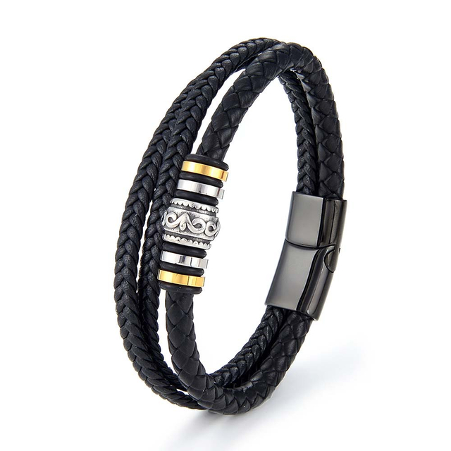 Fiasrel Men's Fashion Stainless Steel Multi-layer DIY Leather Bracelet Braided Rope Leather Titanium Steel Bracelet